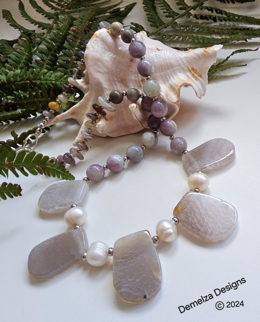 Agate, Rare Botswana Agate, & Freshwater Culture Pearl  Silver Plate Necklace