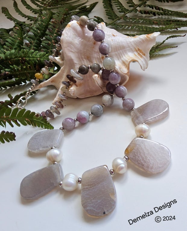 Agate, Rare Botswana Agate, & Freshwater Culture Pearl  Silver Plate Necklace
