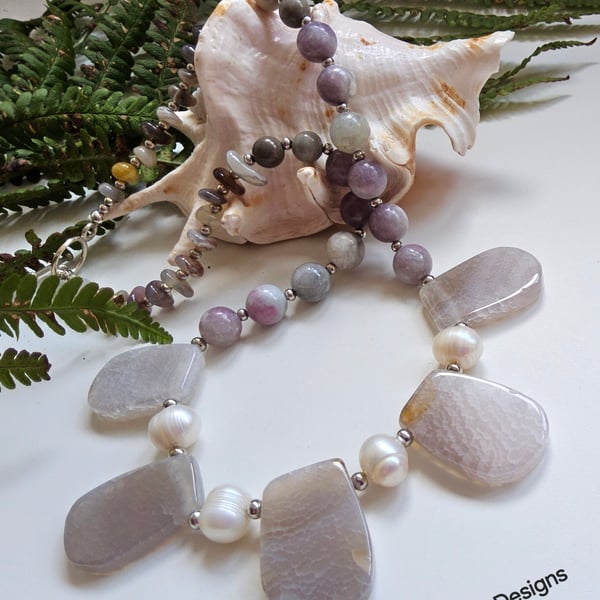 Agate, Rare Botswana Agate, & Freshwater Culture Pearl  Silver Plate Necklace