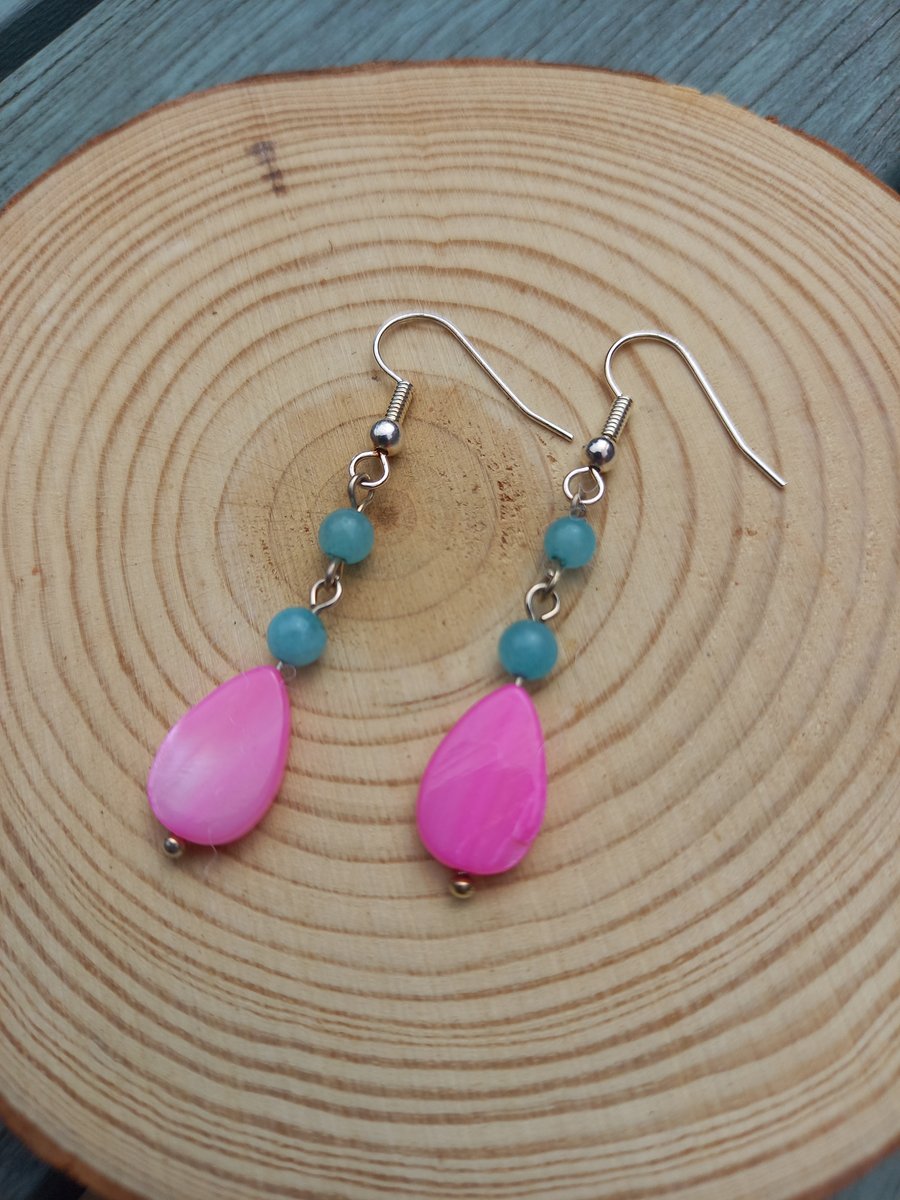 Small Shell Drops and Quartzite Earrings - Teal and Hot Pink.