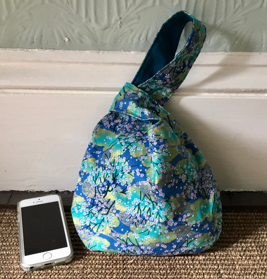 Small Reversible Japanese Knot Bag with Japanese Turquoise Tiny Blossoms Fabric