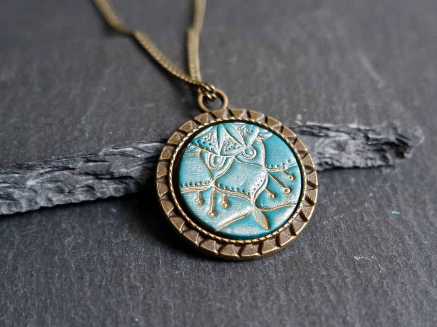 Necklace - Mandala Flower turquoise antique gold bronze