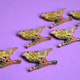 Wooden Bird Buttons Retro Flower Green Pink Yellow 6pk 30x20mm (BD10)