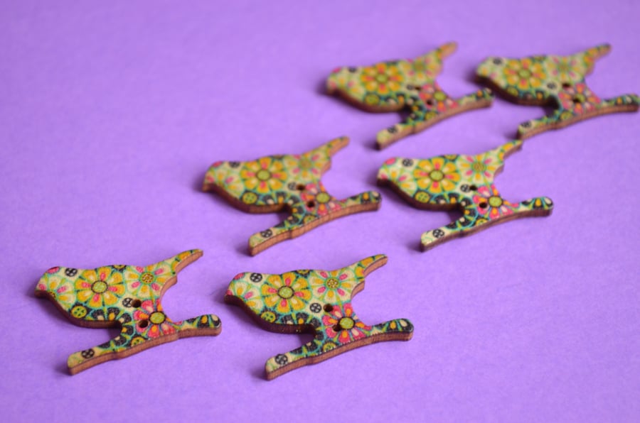 Wooden Bird Buttons Retro Flower Green Pink Yellow 6pk 30x20mm (BD10)