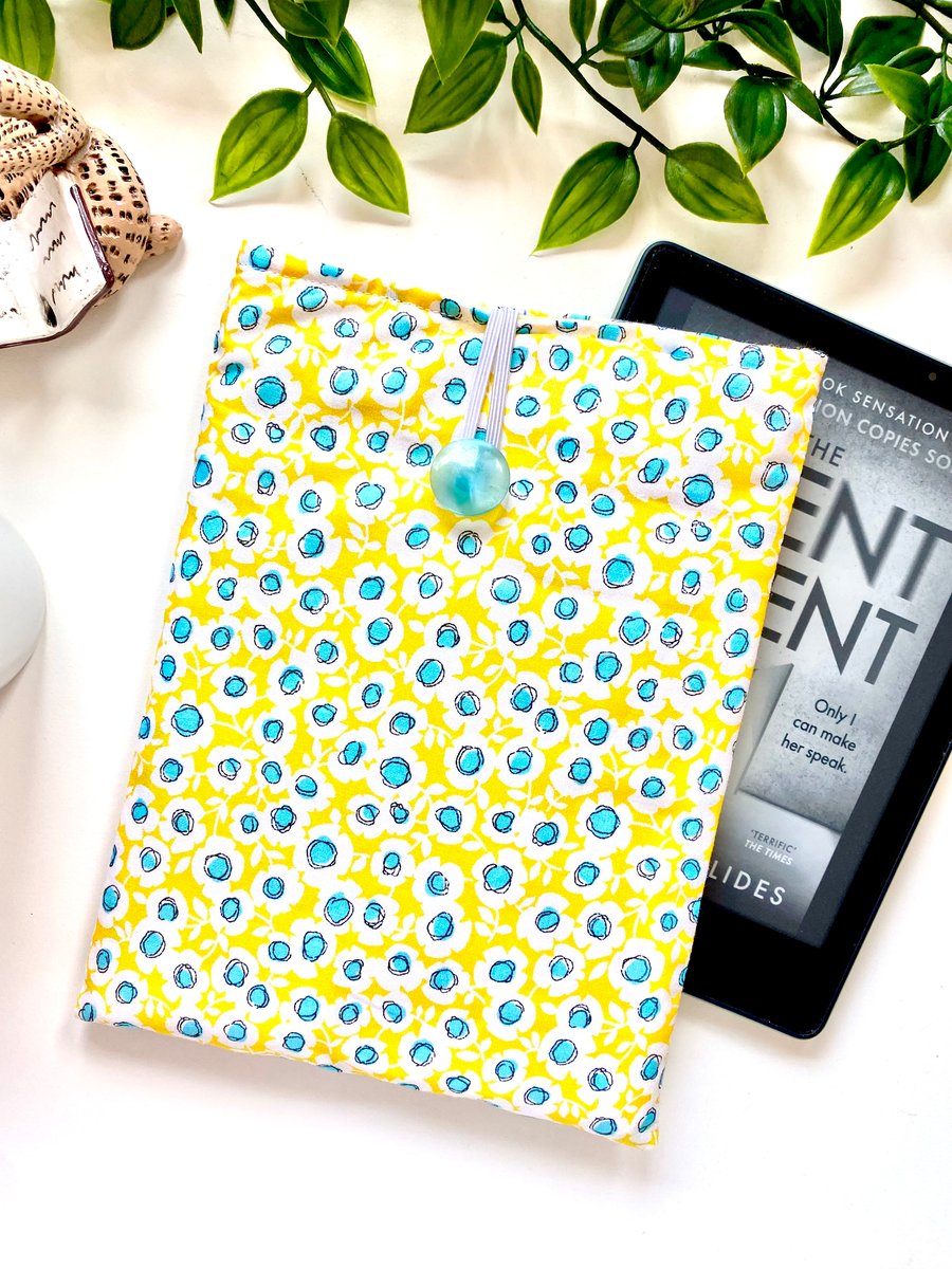 Handmade Yellow and Blue Floral Kindle Sleeve, E-reader pouch, Fabric Sleeve