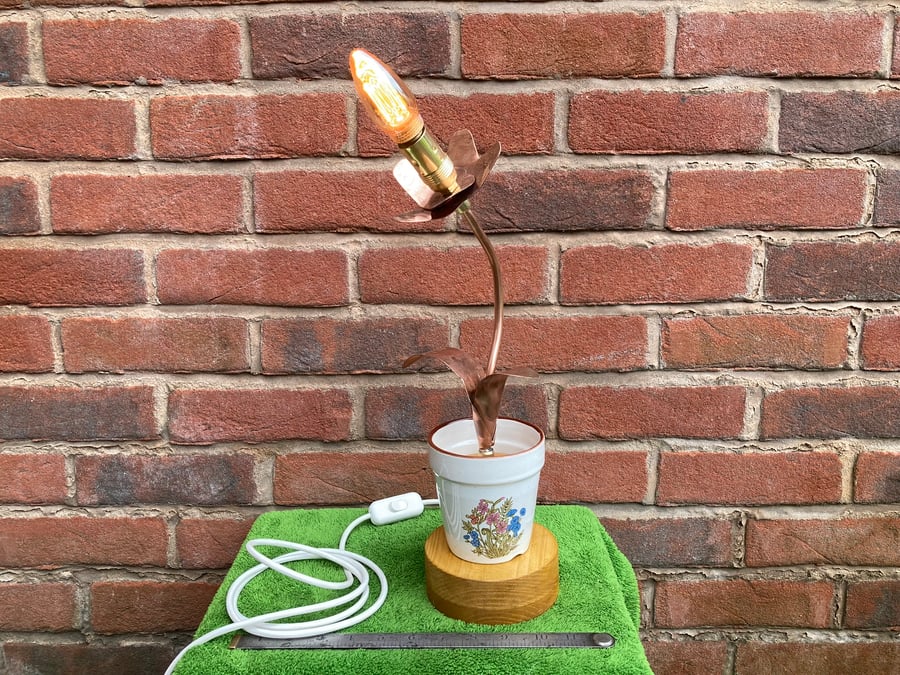 Steampunk Flower Table Lamp, Copper Water Pipe in a Ceramic Pot