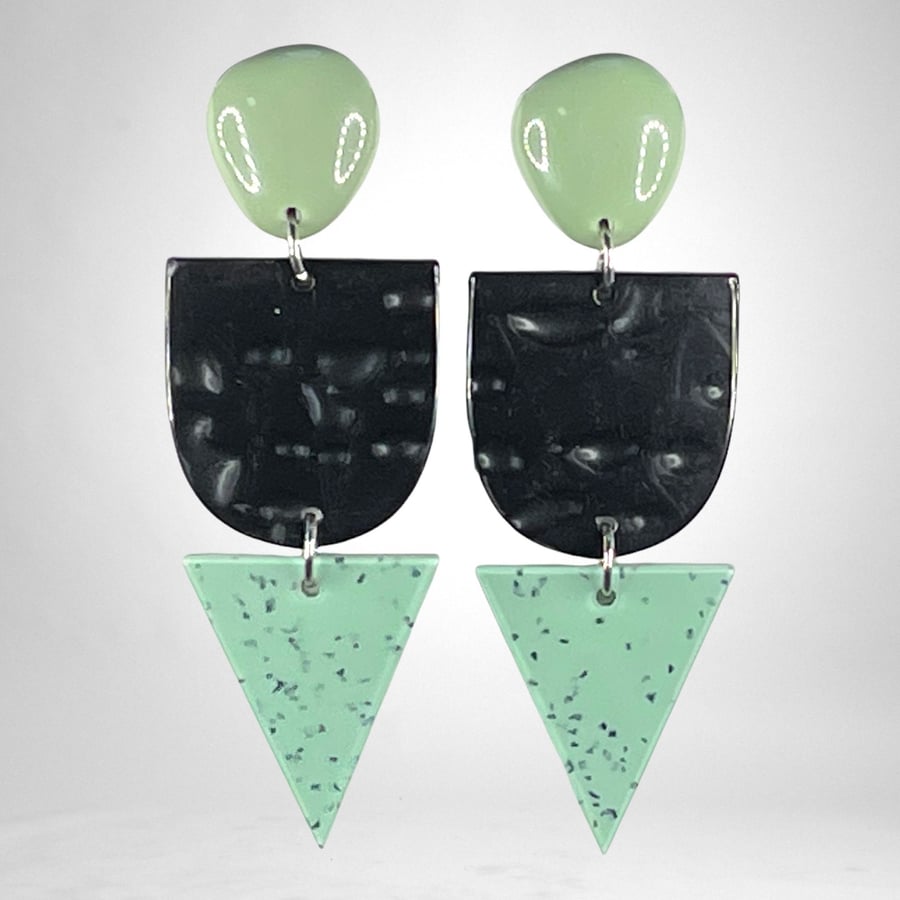 RESIN EARRINGS PISTACHIO green black marbled mother of pearl gorgeous last pair