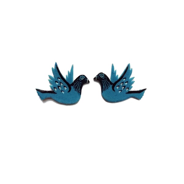 Wonderfully whimsical little Flying Blue Pigeon Ear Studs  by EllyMental