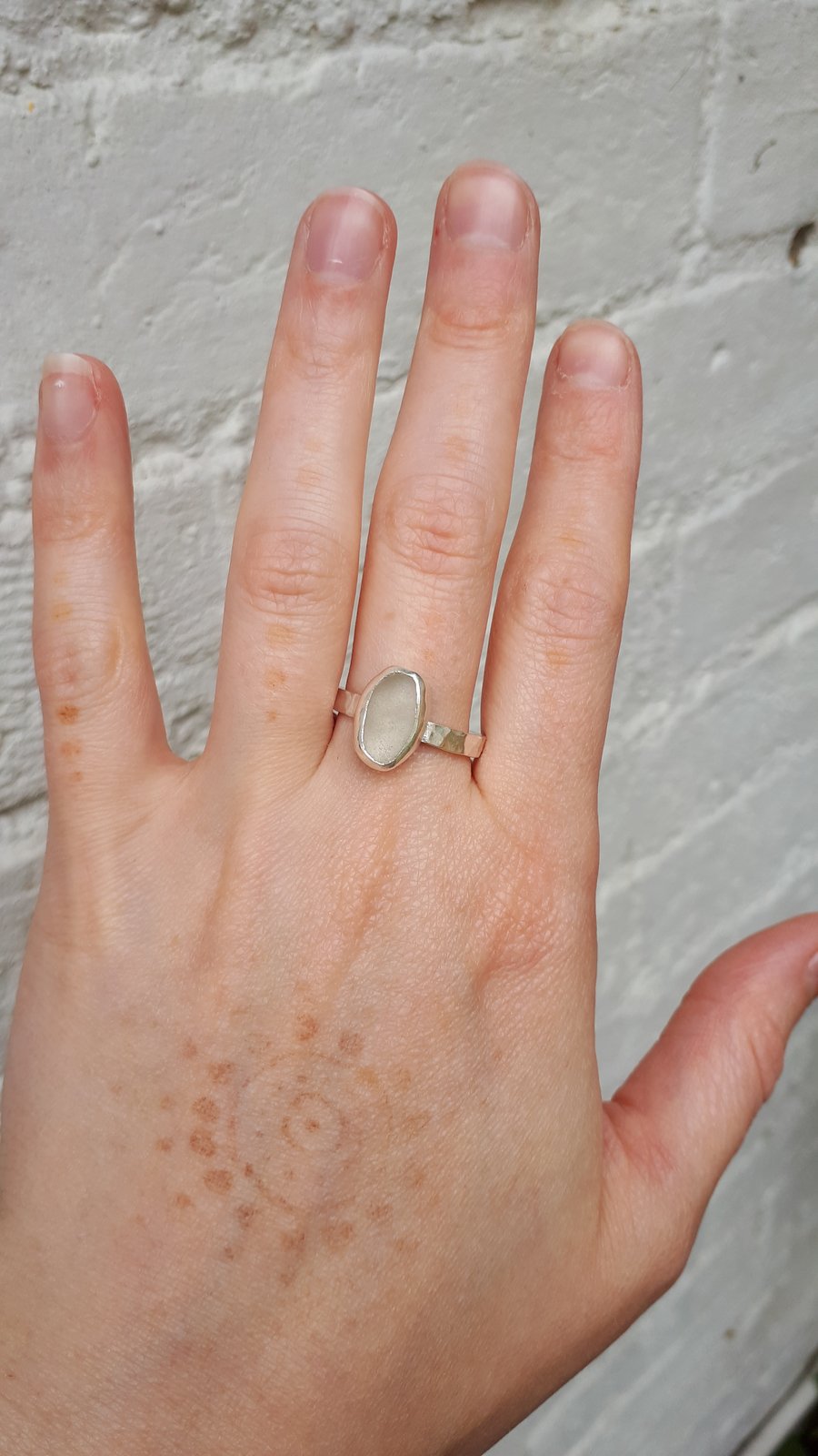 Beige grey sea glass ring