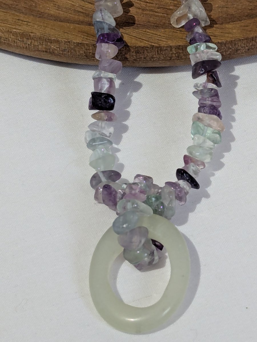 Rainbow Fluorite and Jade Pendant Necklace