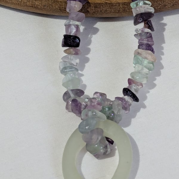 Rainbow Fluorite and Jade Pendant Necklace