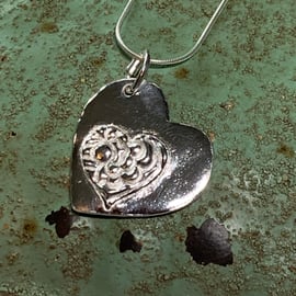 Handmade Fine Silver  Reversible Heart Pendant -  with 18" chain