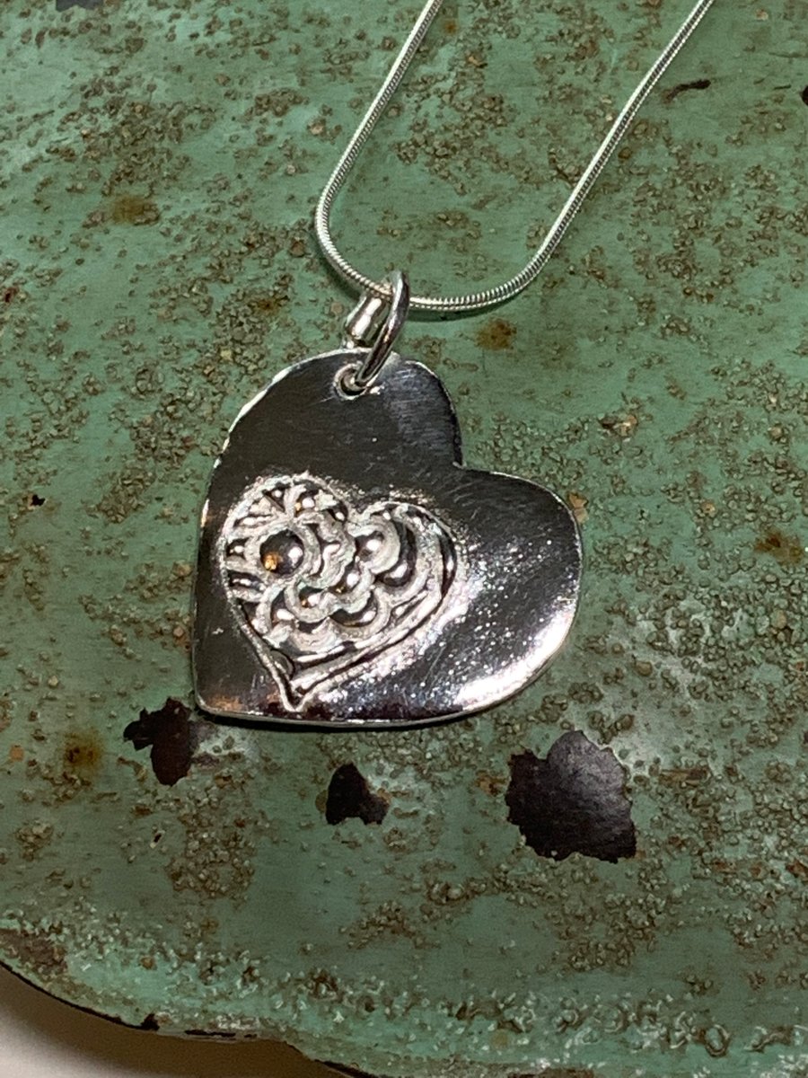 Handmade Fine Silver  Reversible Heart Pendant -  with 18" chain