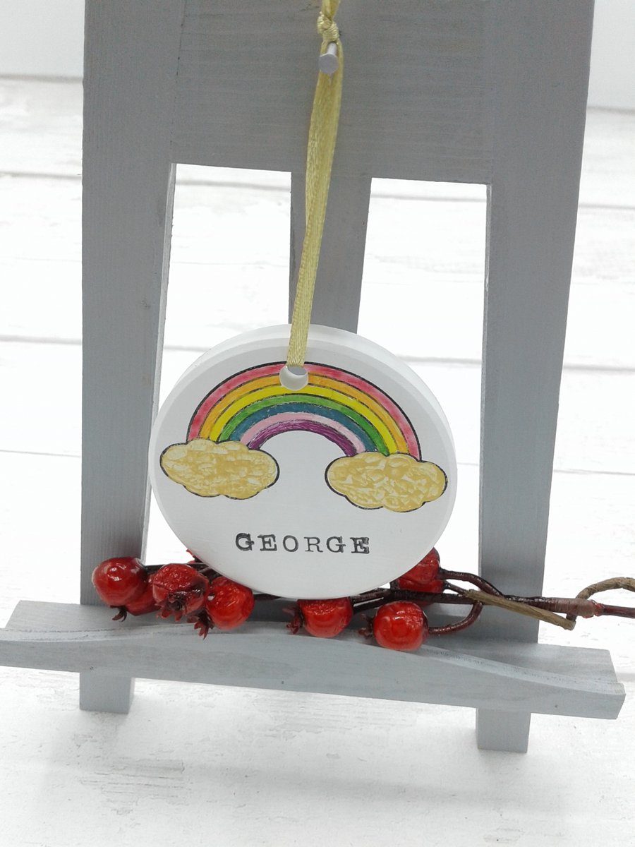 Personalised Christmas decoration. Tree decoration. Ceramic rainbow decoration.