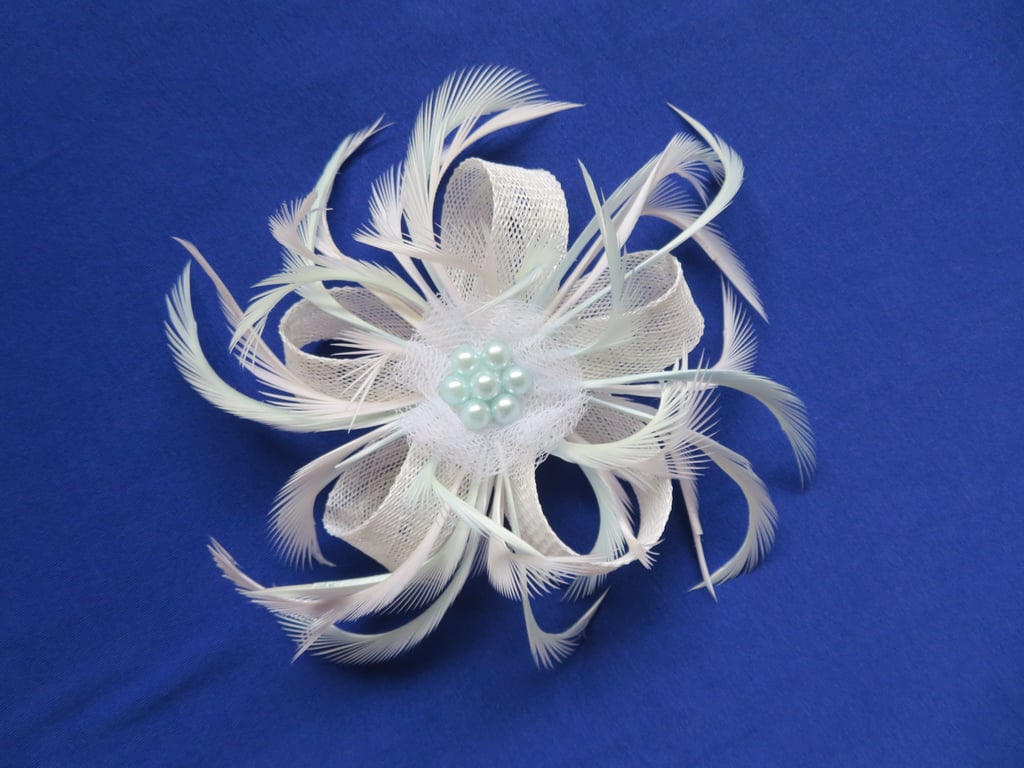 Winter White and Pale Blue Pastel  Sinamay Feather Pearl Clip Fascinator