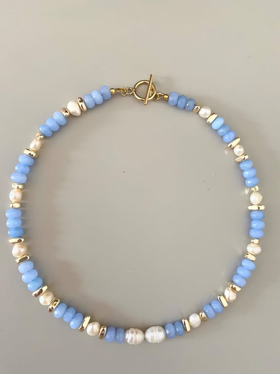 Blue Beaded Necklace with Freshwater Pearls & Gold Details