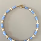 Blue Beaded Necklace with Freshwater Pearls & Gold Details