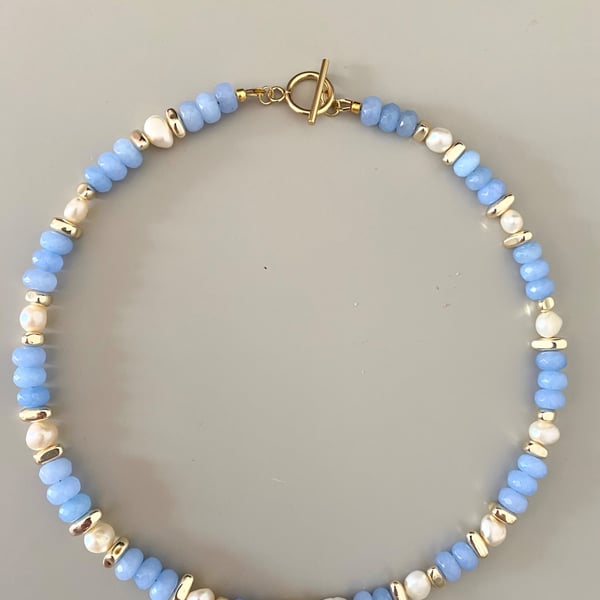 Blue Beaded Necklace with Freshwater Pearls & Gold Details