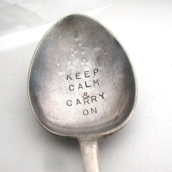 Keep Calm Spoon, Big Handstamped Vintage Tablespoon, Hand Stamped Serving Spoon