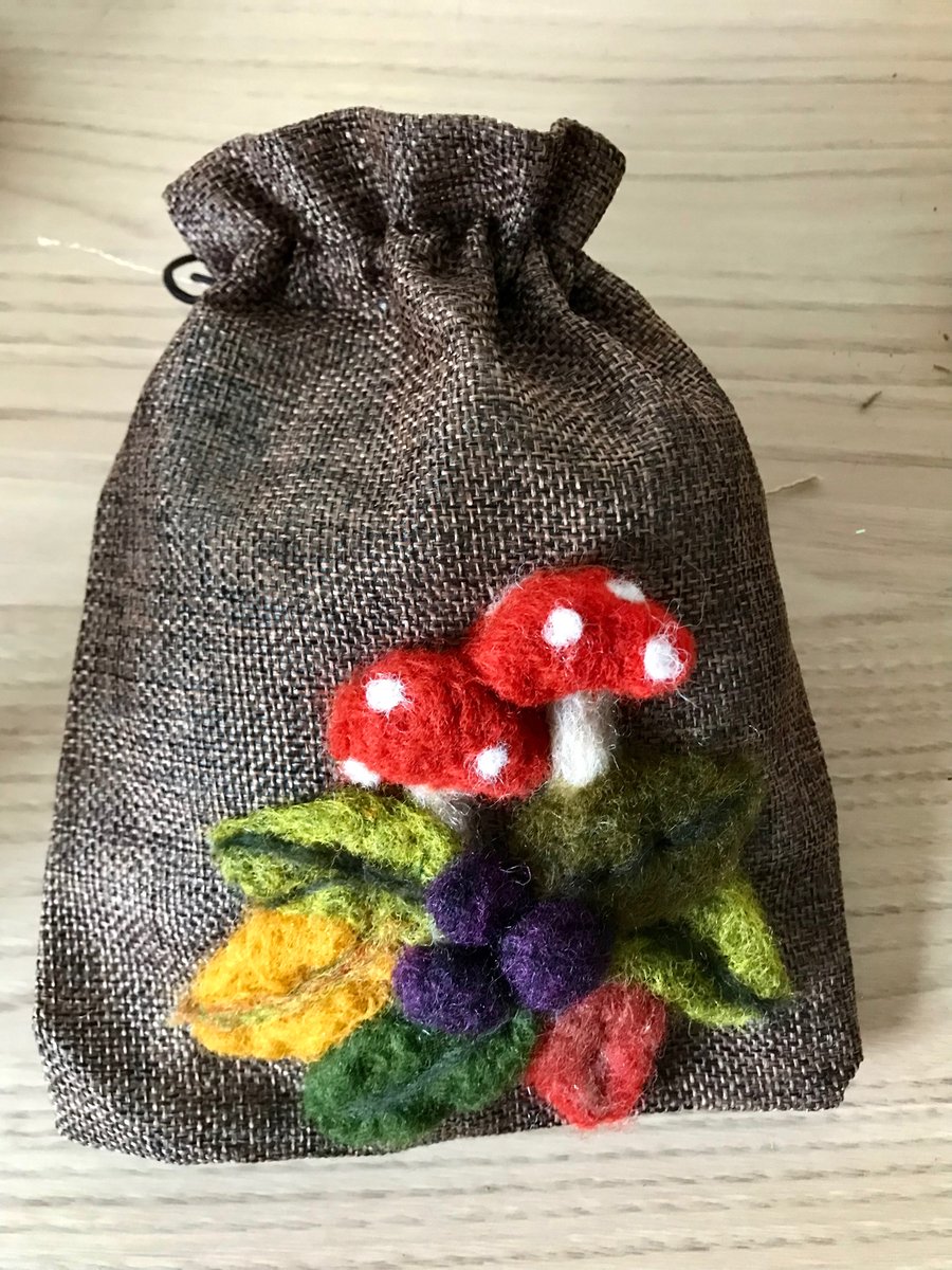 Gift Bag with needle felted appliqué toadstools 