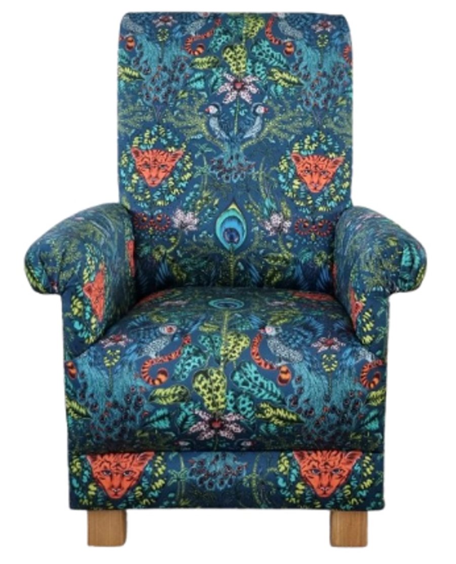 Emma Shipley Amazon Navy Blue Fabric Adult Chair Armchair Tigers Animals Orange