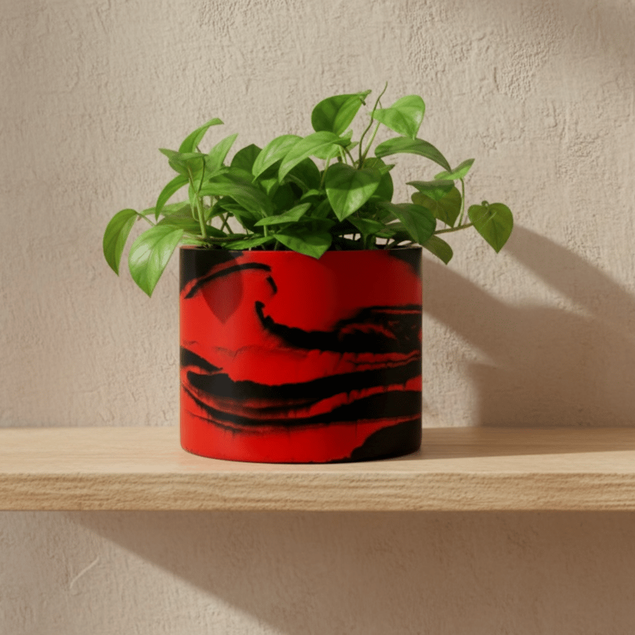 Large Round 15 cm Red and Black Marbled Plant Pot for Houseplants