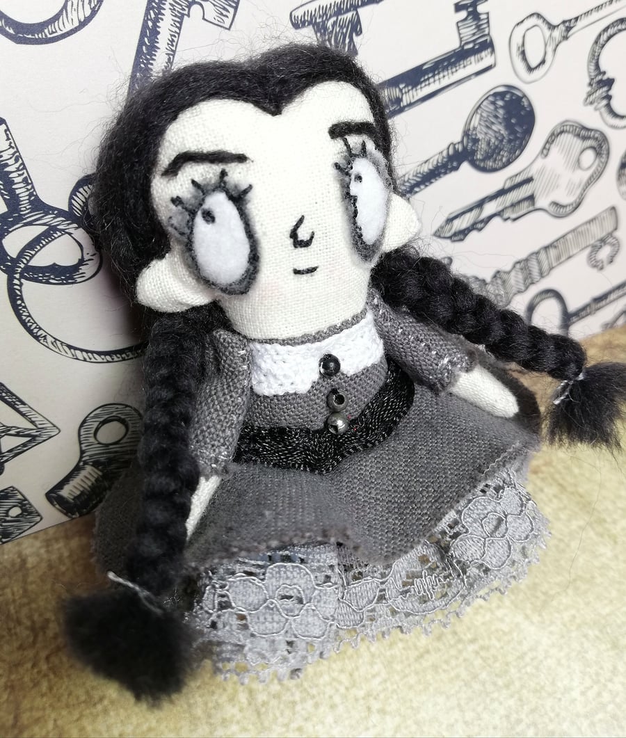 Miniature Wednesday Addams Inspired Art Doll