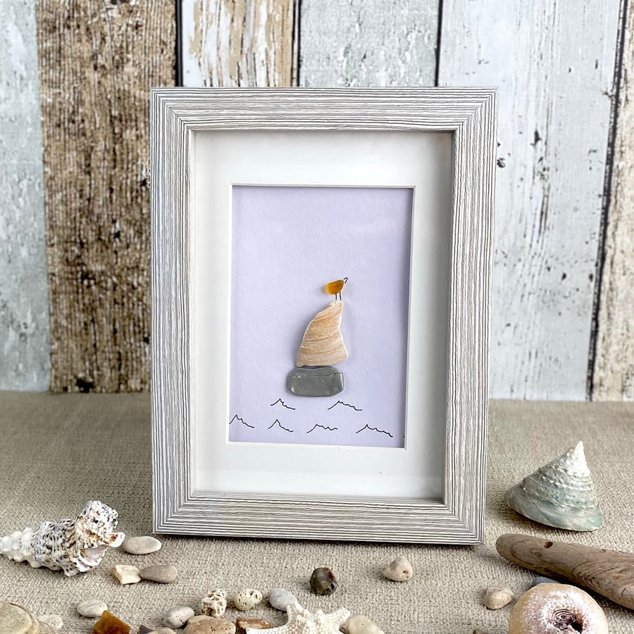Sea Metal & Shell Sailing Boat and Orange Sea Glass Bird Picture.