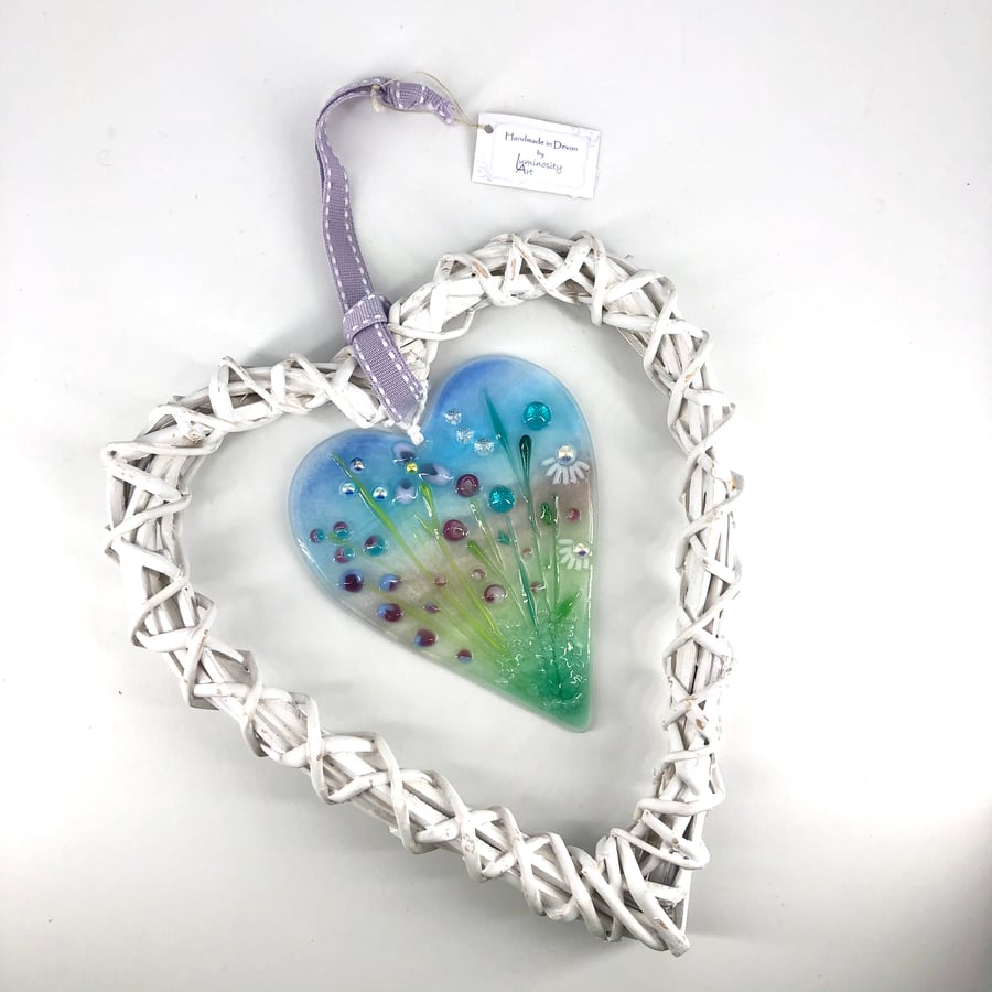 Glass Heart with Delicate Pink & turquoise Flowers in Wicker Heart on Ribbon