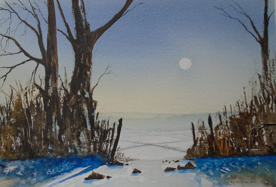Midnight winter fields (ORIGINAL PURE WATERCOLOUR A4 size), watercolor, wall art