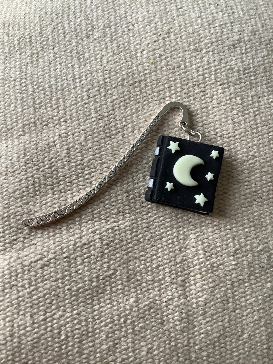Handmade polymer clay black star and moon book bookmark