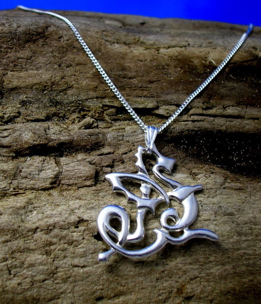 Silver Celtic Dragon necklace, Art Nouveau Dragon pendant, Handmade.