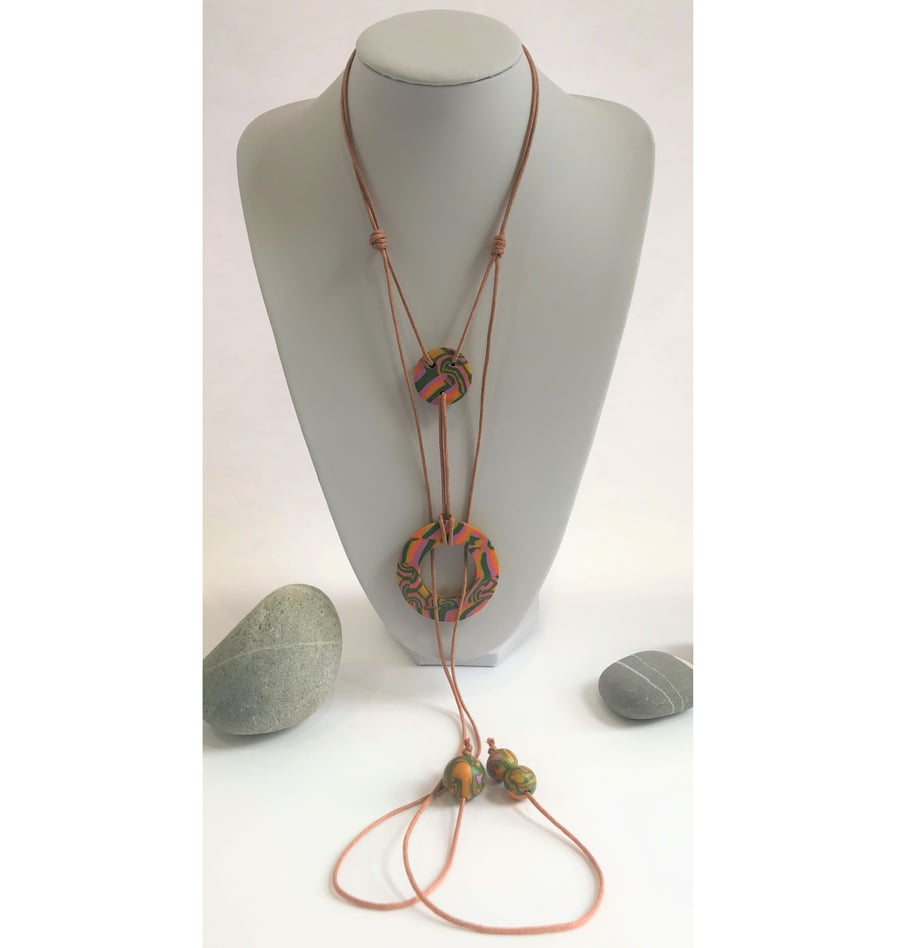 Glitter Gold, Lavender, Orange & Green, Polymer Clay & Cotton Lariat Necklace