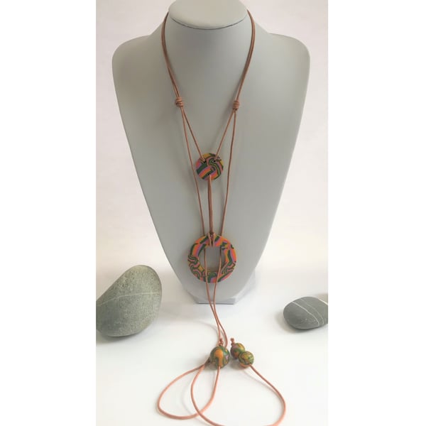Glitter Gold, Lavender, Orange & Green, Polymer Clay & Cotton Lariat Necklace