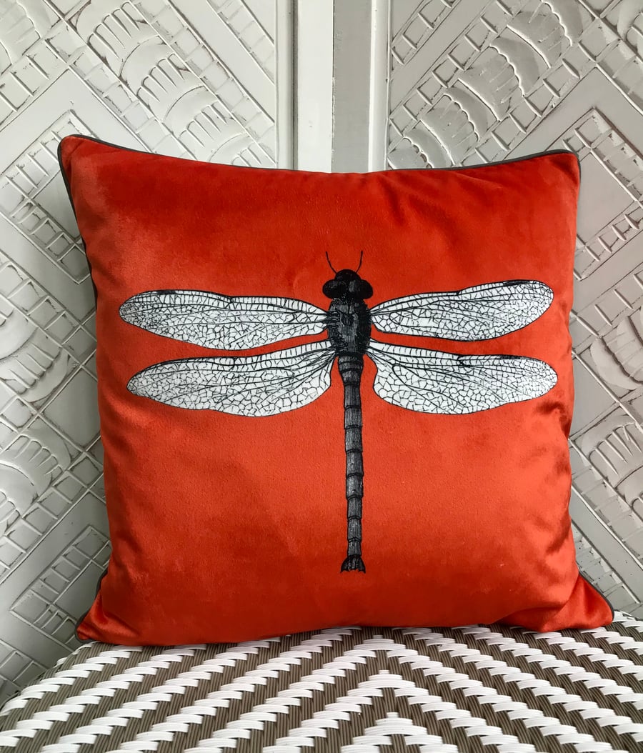 Velvet Dragonfly cushion cover, Rich orange luxury velvet damselfly pillow cover