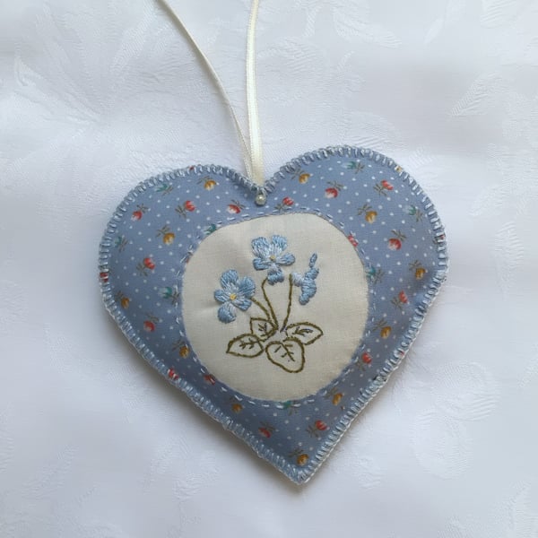 Hanging heart, fabric decoration, hand embroidered, blue, lavender filled, pansy