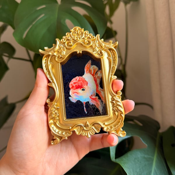 Oranda goldfish acrylic painting in gold frame