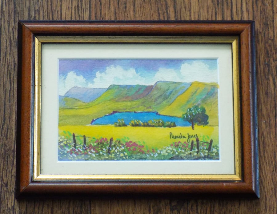 Llyn Y Fan Fach, Brecon Beacons, Original Watercolour, in 7x5'' Dark wood frame