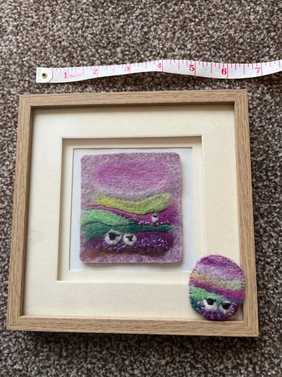 Needle felt picture and matching brooche moorland scene with sheep and heather 