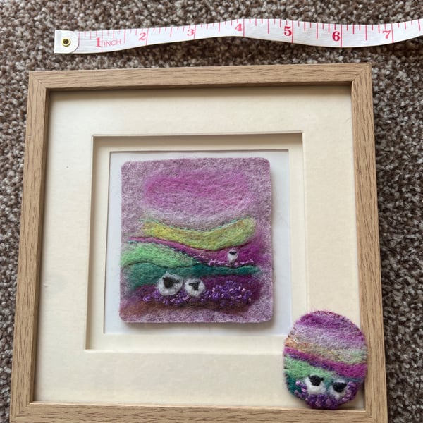 Needle felt picture and matching brooche moorland scene with sheep and heather 