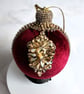 Double-Sided Burgundy Velvet Christmas Bauble, 8cm, Gold Crystal Flower Ornament