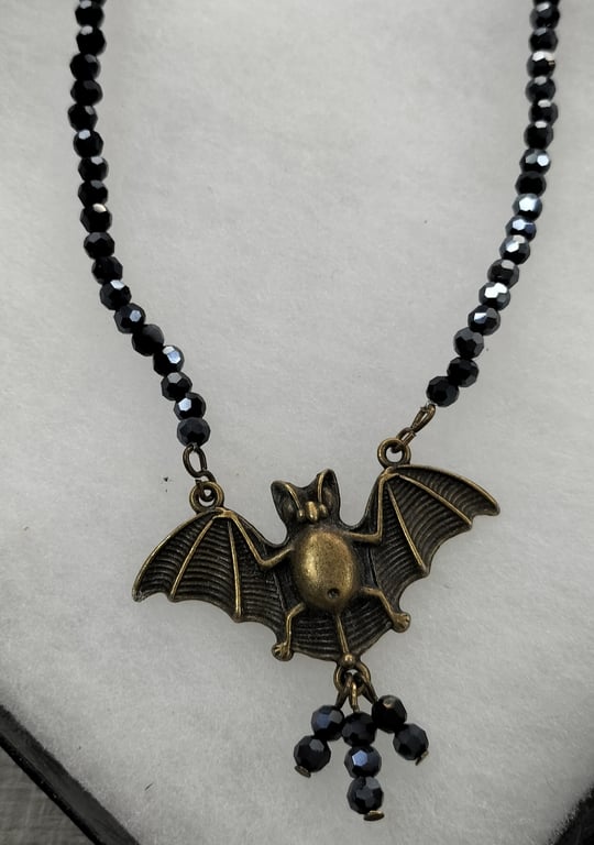 Halloween gothic bat necklace, black beads