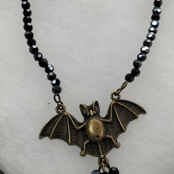 Halloween gothic bat necklace, black beads