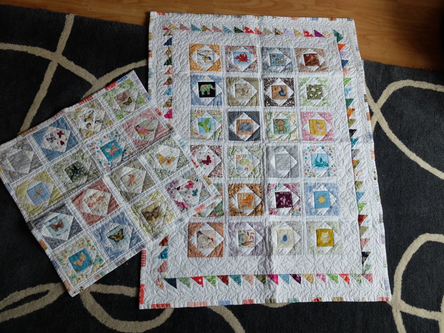 Baby quilt and cushion cover set, hand made, free motion quilted, 