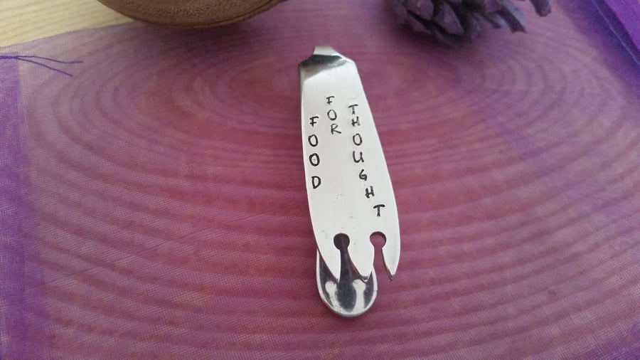 Upcycled Staing Steel Spork Bookmark Stamped 'Food For Thought' SPBM021501