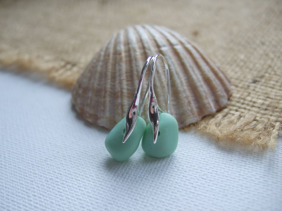 Pastel Green Seaham sea glass earring, light green milk glass wave earrings 