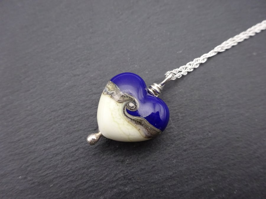 lampwork glass blue and ivory heart pendant necklace