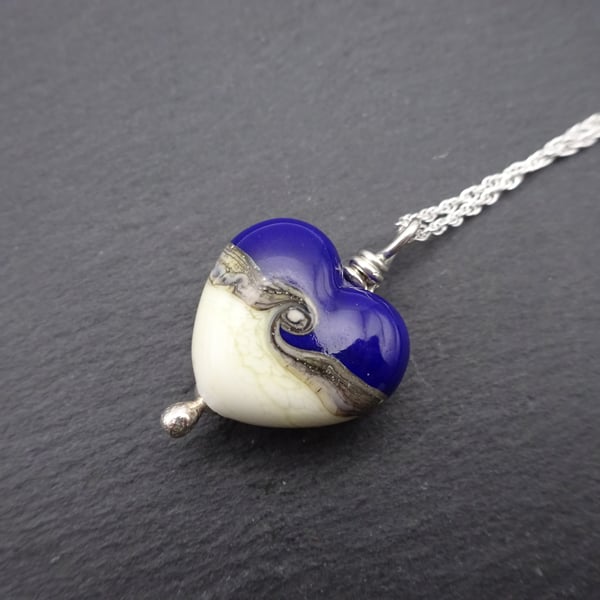 lampwork glass blue and ivory heart pendant necklace