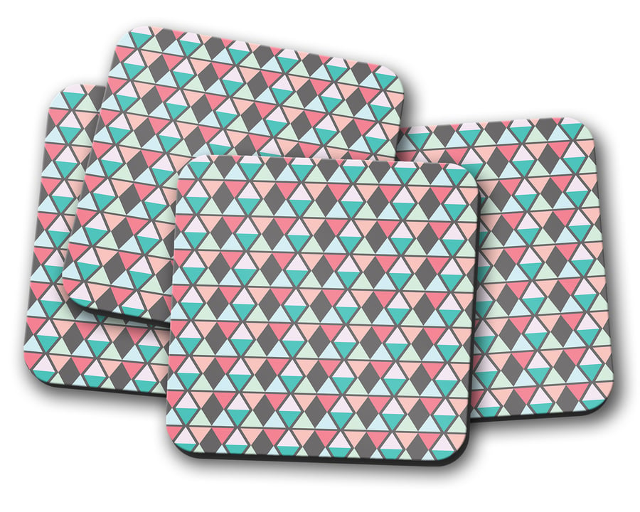 Set of 4 Coasters with a Multicoloured Diamonds Design, Drinks Mat