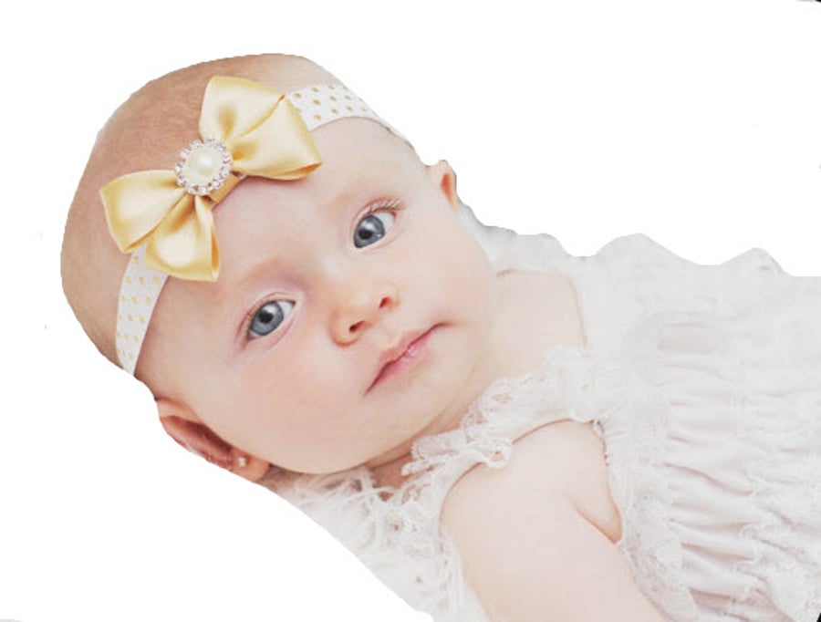 Baby Girls Light Gold Satin Bow Headband, Christening, Weddings